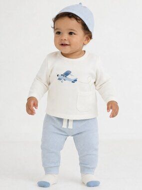 NWT Carter’s Baby Boy Airplane 4-Piece Outfit Set Blue White 12 Months Hat Pants